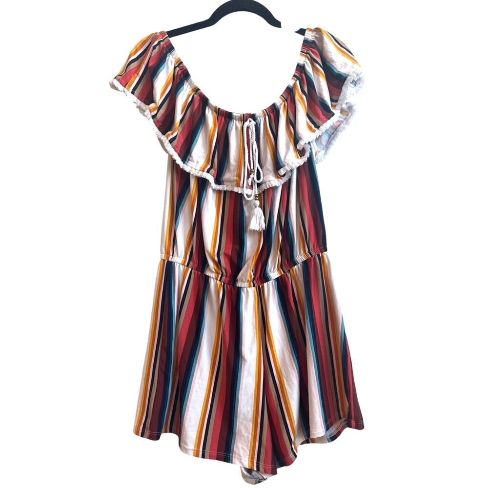 Derek Heart Off Shoulder Multicolor Stripe Short Romper with Tassel Tie